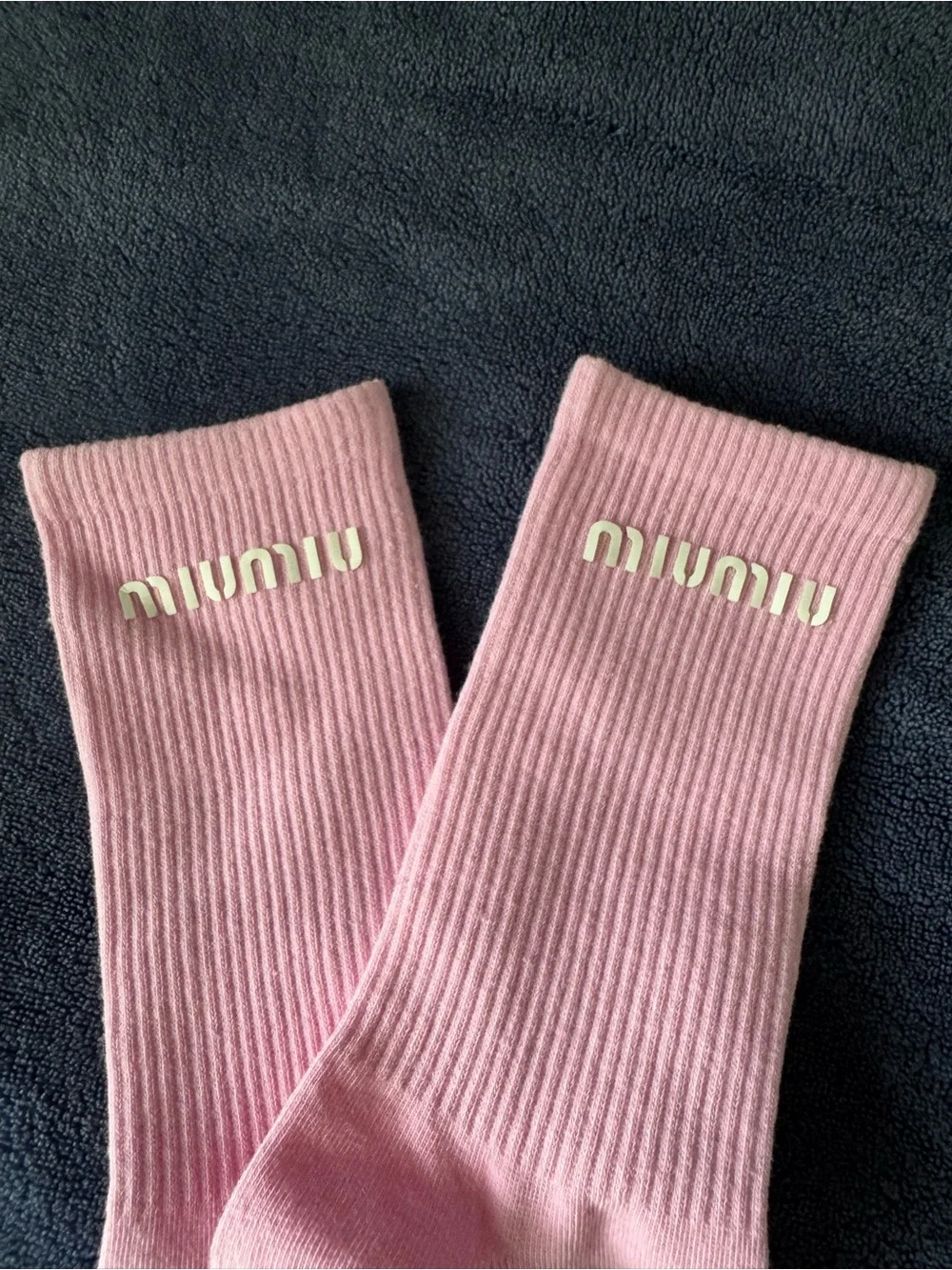 Trendy Pink Ribbed Crew Socks with Logo